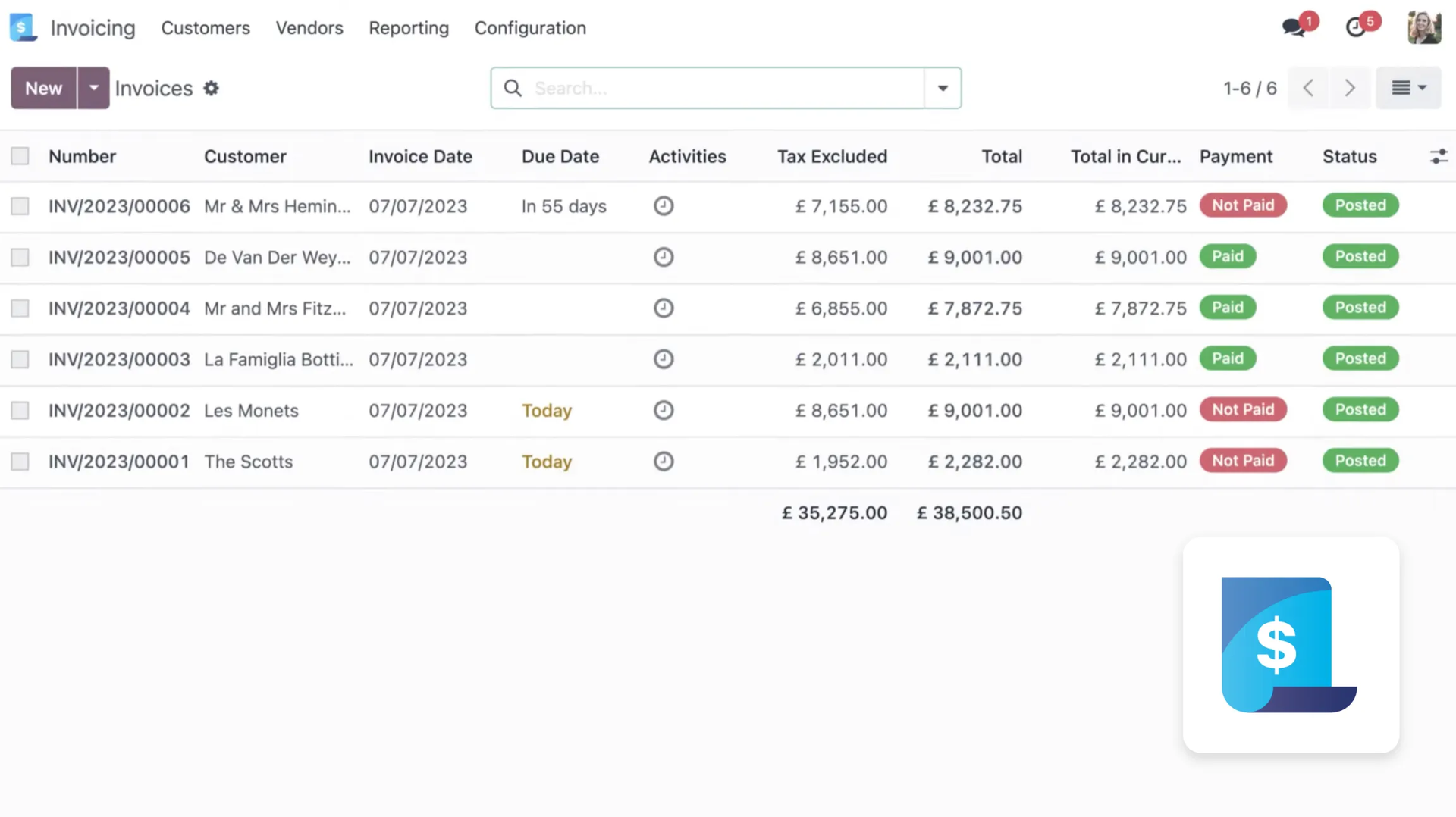 Odoo Invoicing module — invoice list and payment status