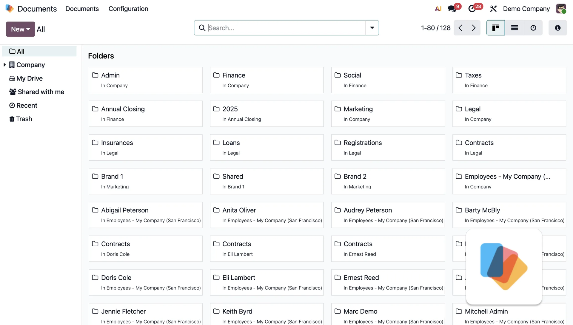Odoo Documents module — digital document management