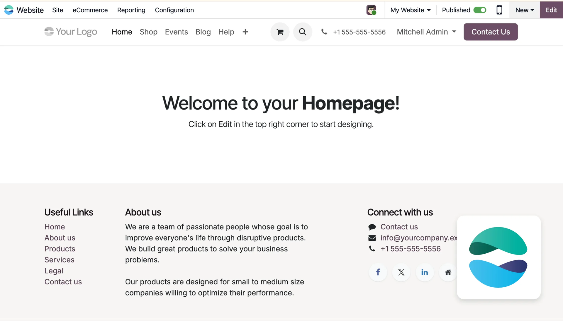 Odoo Website builder — drag and drop page editor