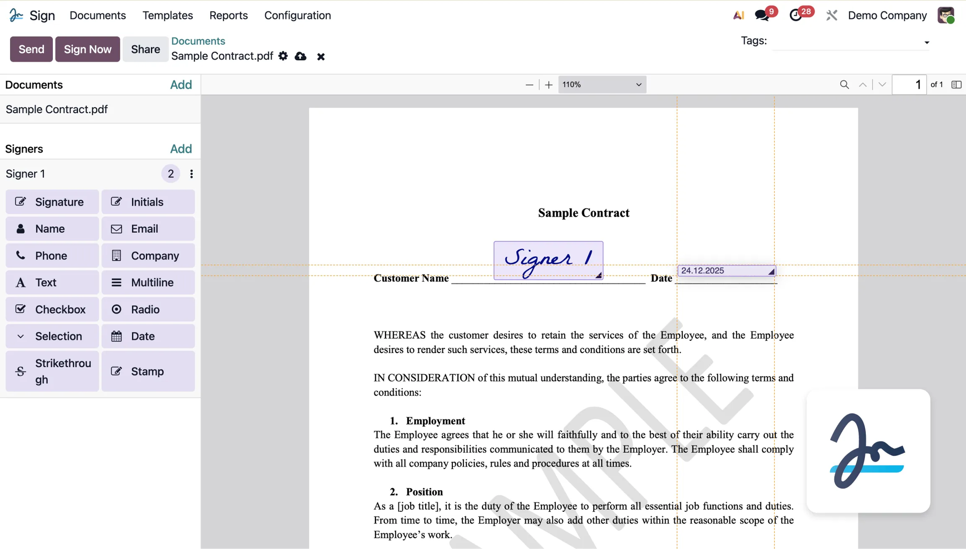 Odoo Sign module — electronic document signing screen
