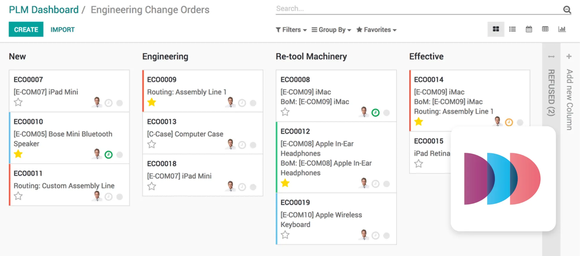 Odoo PLM module — product lifecycle and engineering change screen