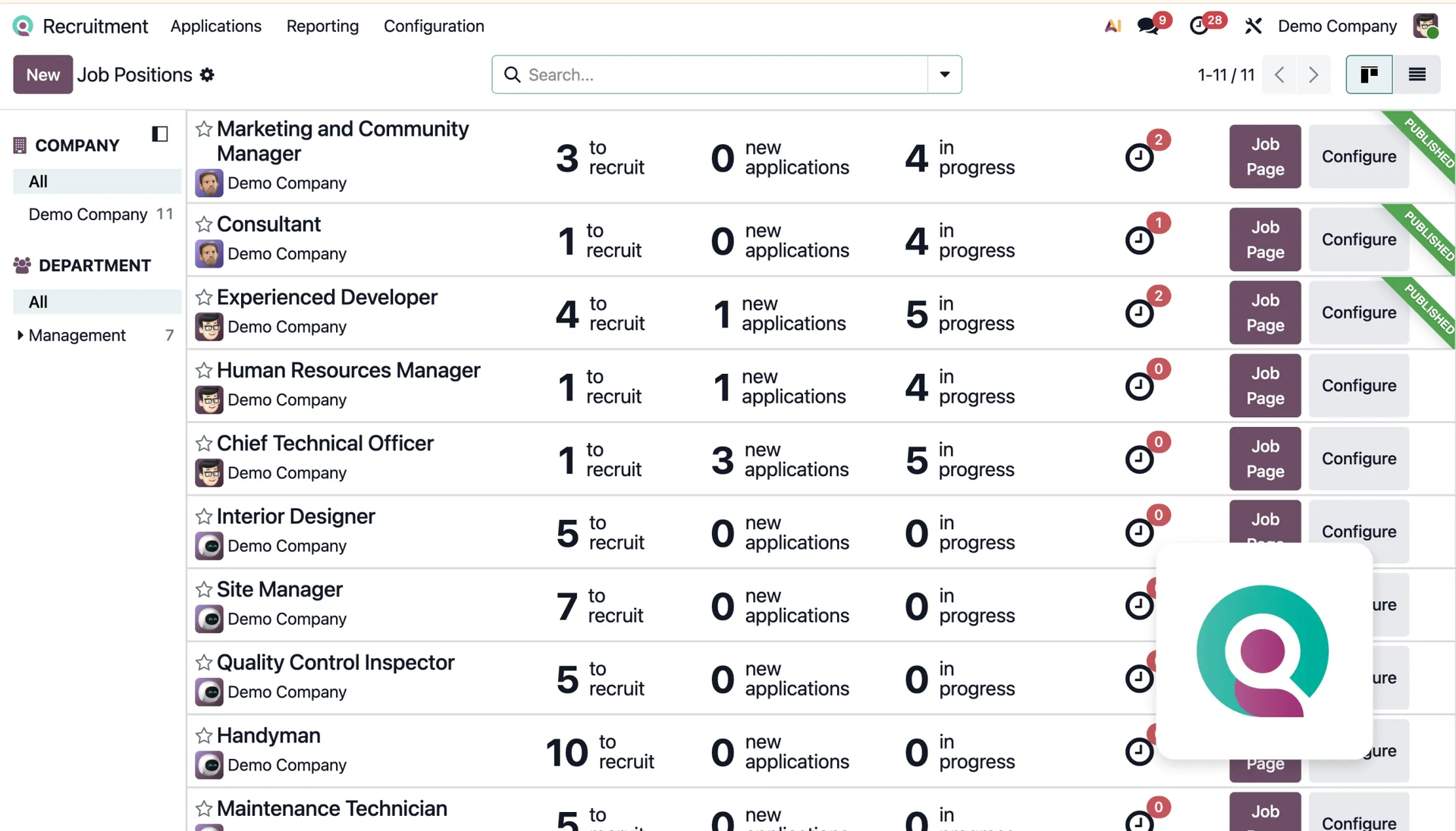 Odoo Recruitment module — candidate kanban pipeline