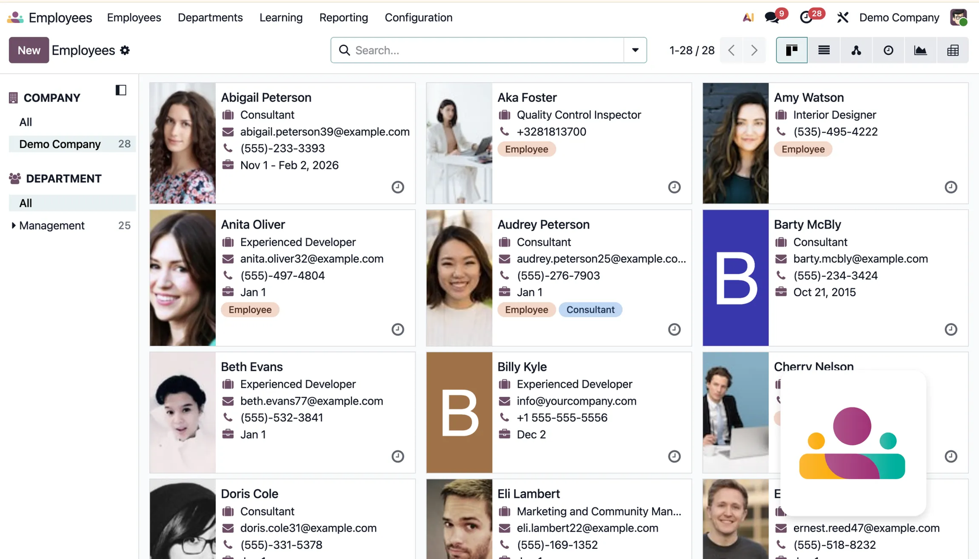Odoo Employees module — employee directory dashboard