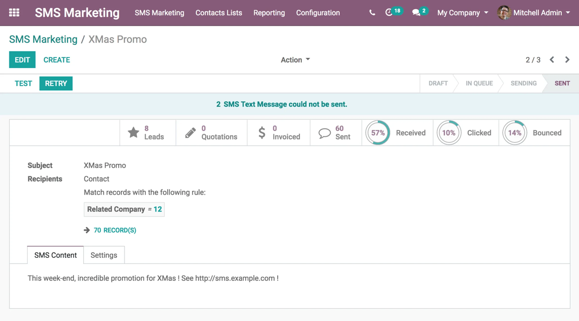 Odoo Email Marketing module — campaign editor