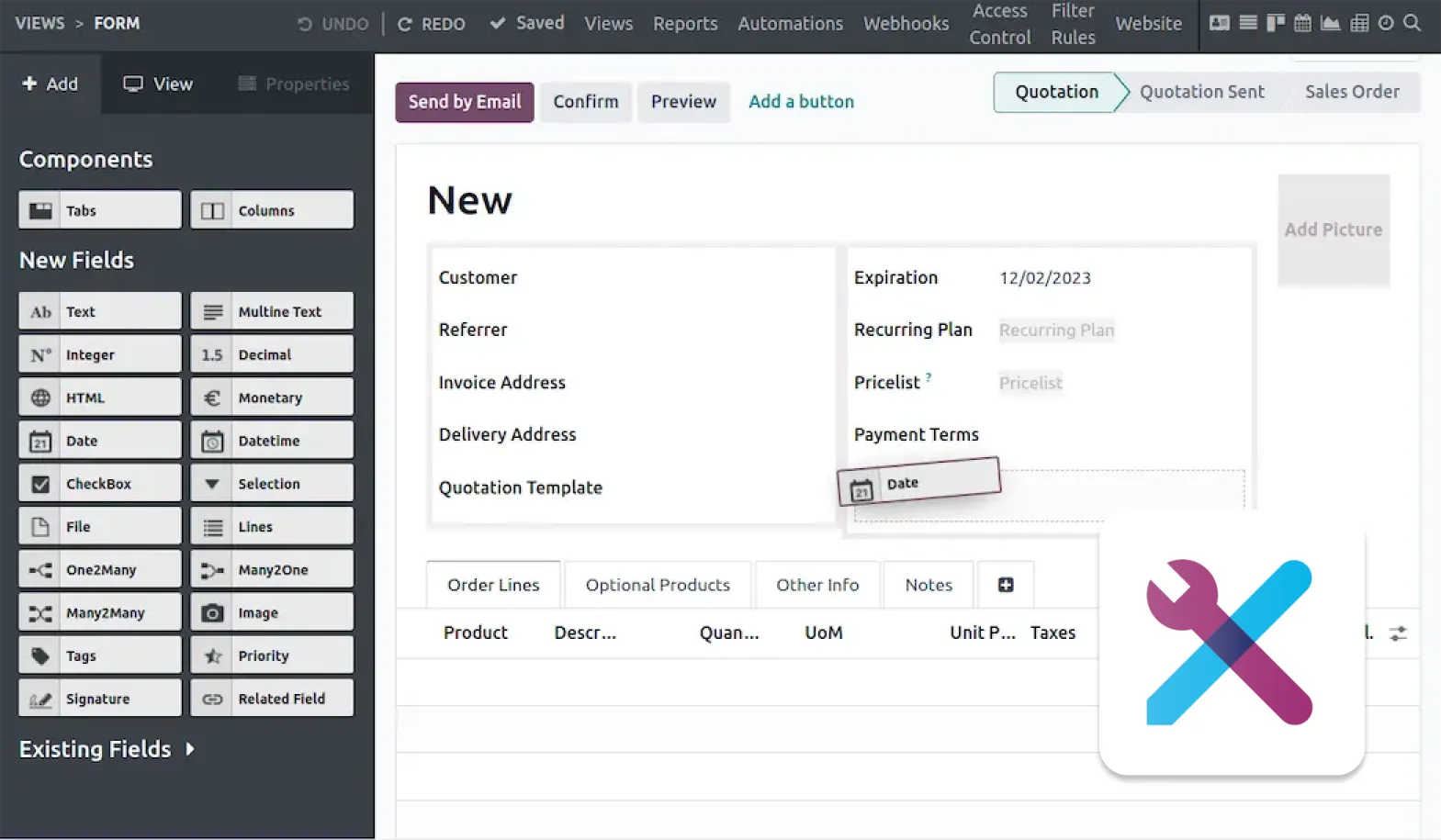 Odoo Studio — drag and drop app customization interface