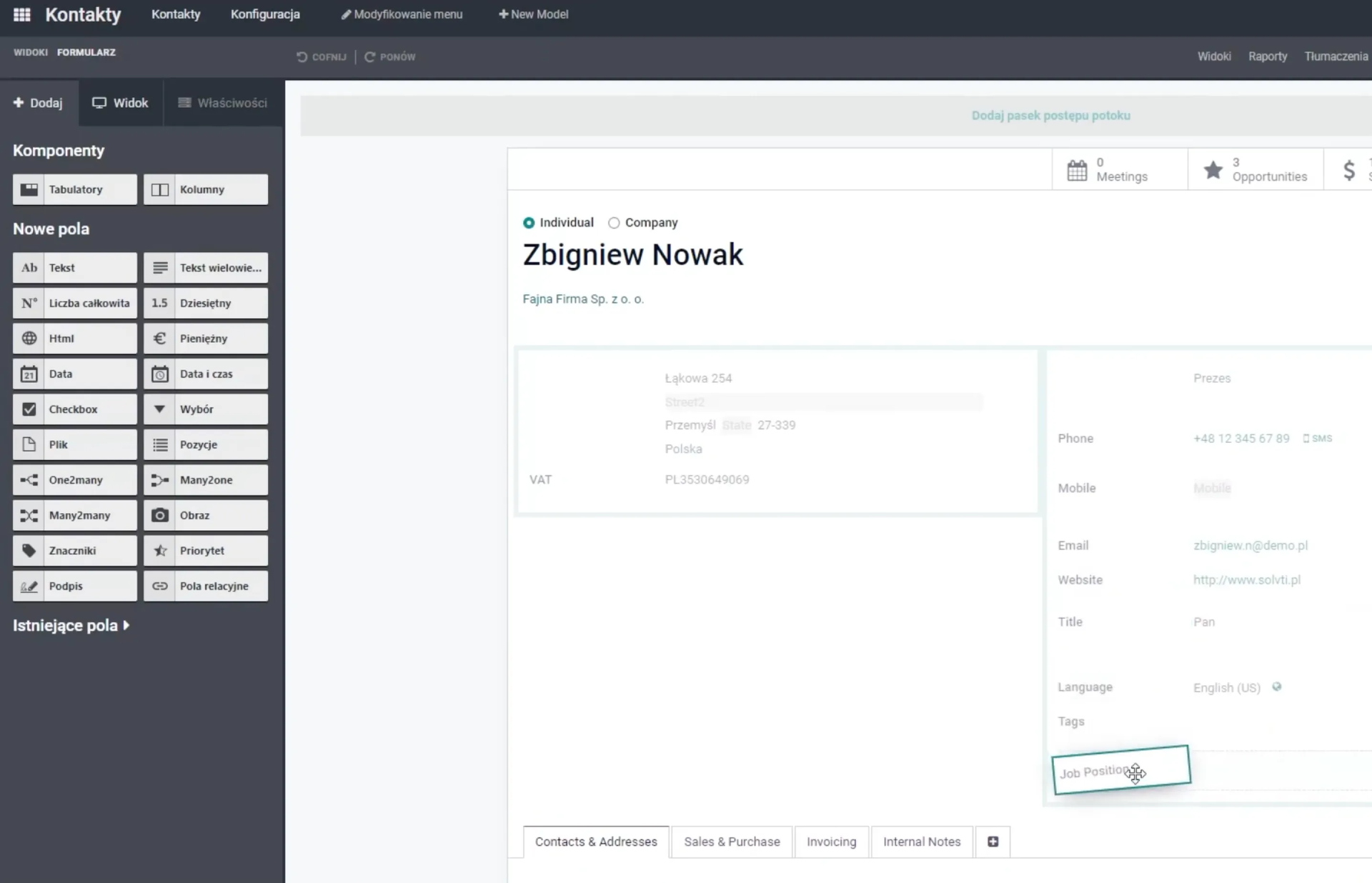 Drag-and-drop field editing in an Odoo Studio form